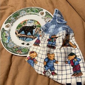 Bear Bundle with Dish Towel, Collectible Plate, and Earrings